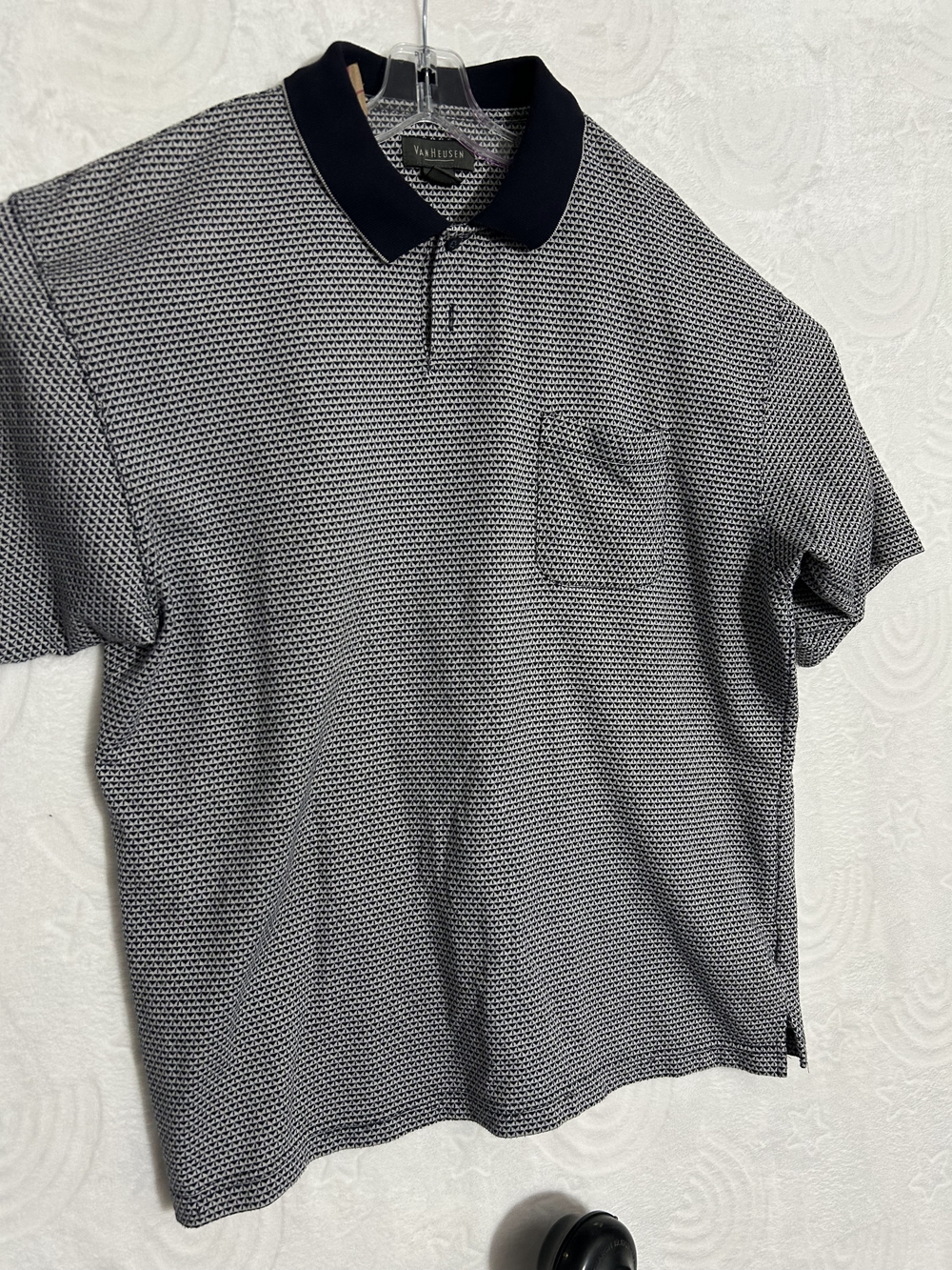 Van Heusen Blue & White Micro-Pattern Polo with Blue Collar